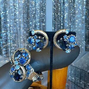 Vintage Unsigned Selro Selini Shades Of Blue Clamper Bracelet & Earrings Set WOW